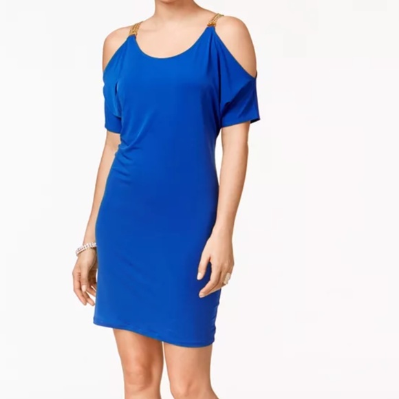 Thalia Sodi || blue cold shoulder chain strap sheath dress - Picture 1 of 7